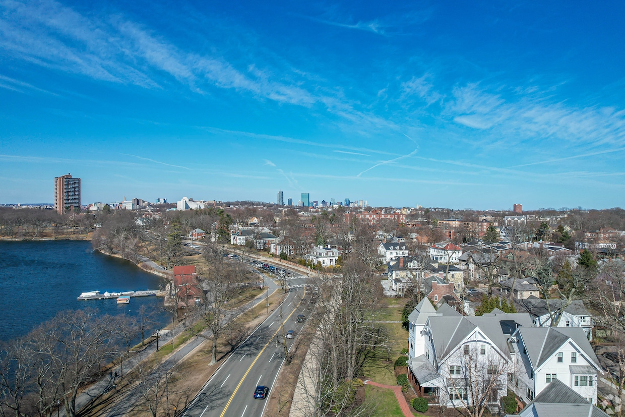 A view of Boston's Jamaica Plain neighborhood, with the city's downtown skyline in the distance. (Anhella Sanchez/CoStar)
