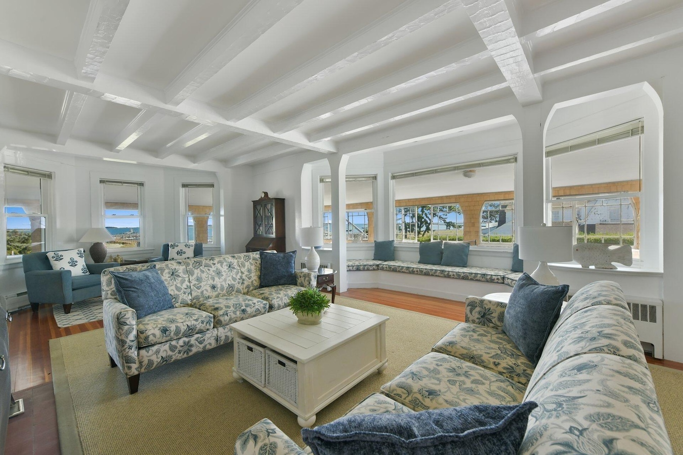 The living room's distinctive ceiling is among the highlights of the house's interior. (Anfuso Imaging)