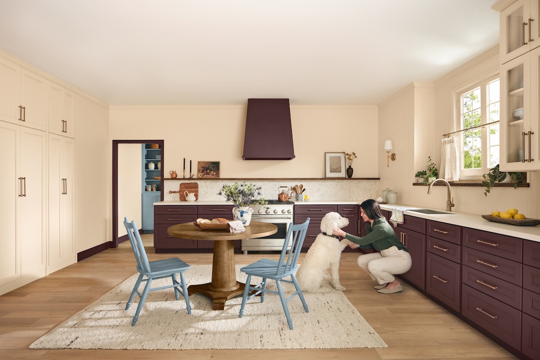 Paint manufacturers are also picking up on interest in statement colors: Here, Dutch Boy renders a kitchen with maroon cabinetry and a pop of powder-blue built-ins. (Dutch Boy)