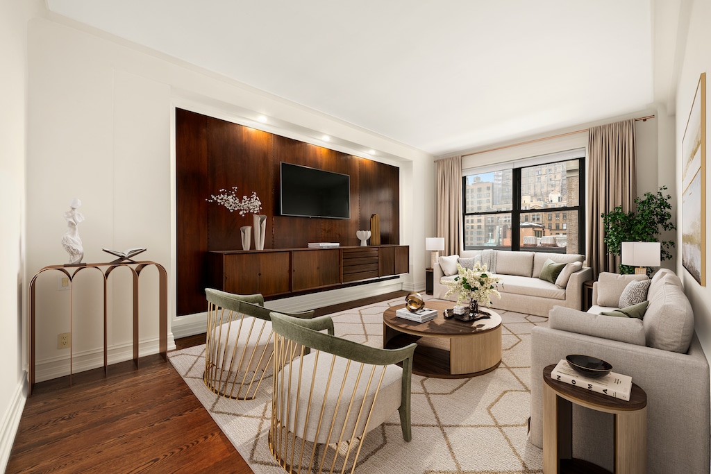 The property features oak floors in the living room. (Celeste Godoy Photography)